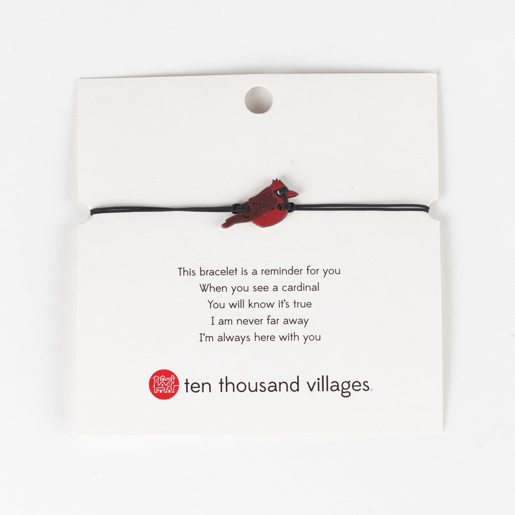 Card reads "This bracelet is a reminder for you. When you see a cardinal you will know it's true. I am never far away I'm always here with you."