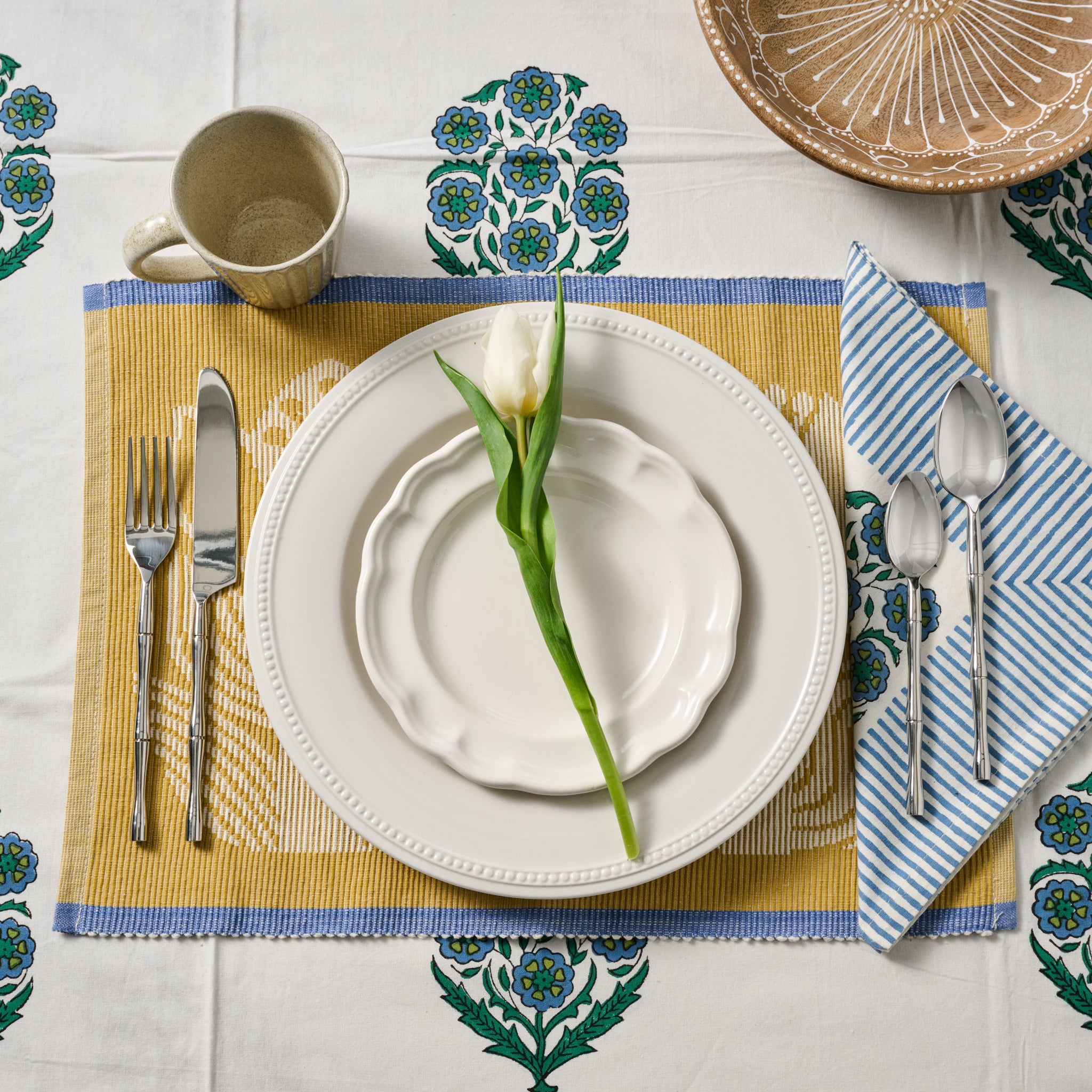 Devika Floral + Stripe Block Print Tablecloth - Ten Thousand Villages