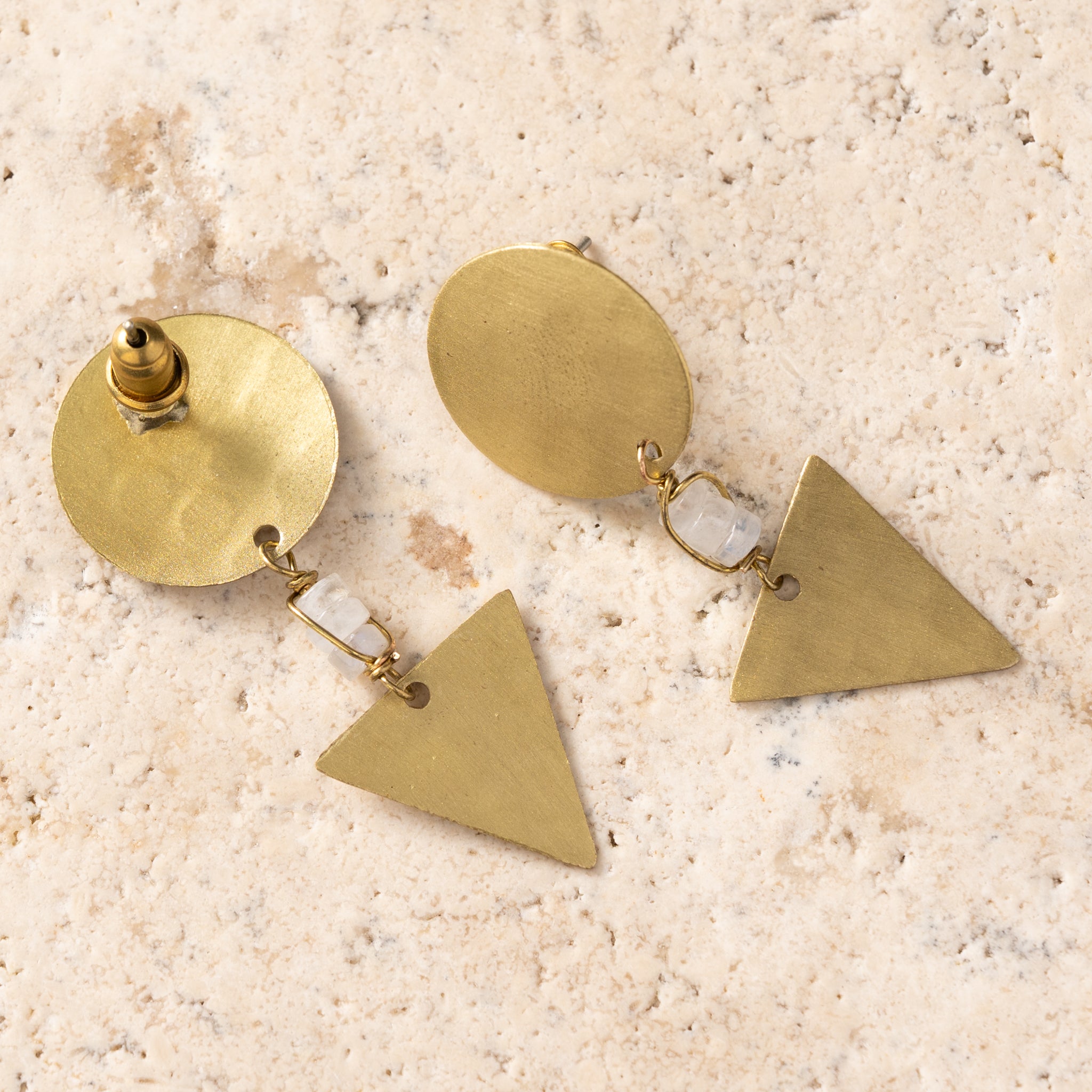 Prateek Brass and Moon Stone Earrings - Ten Thousand Villages