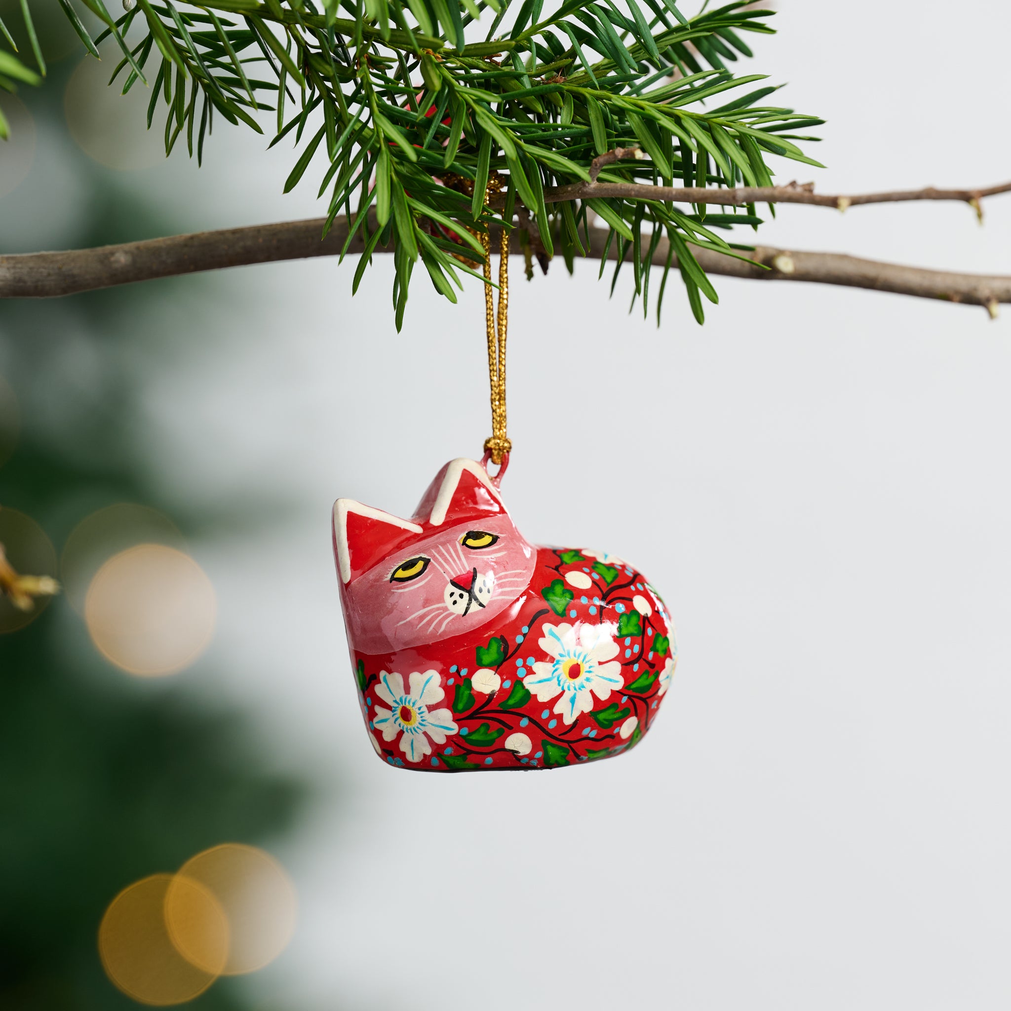 Painted Floral Cat Paper Mâché Ornament - Ten Thousand Villages