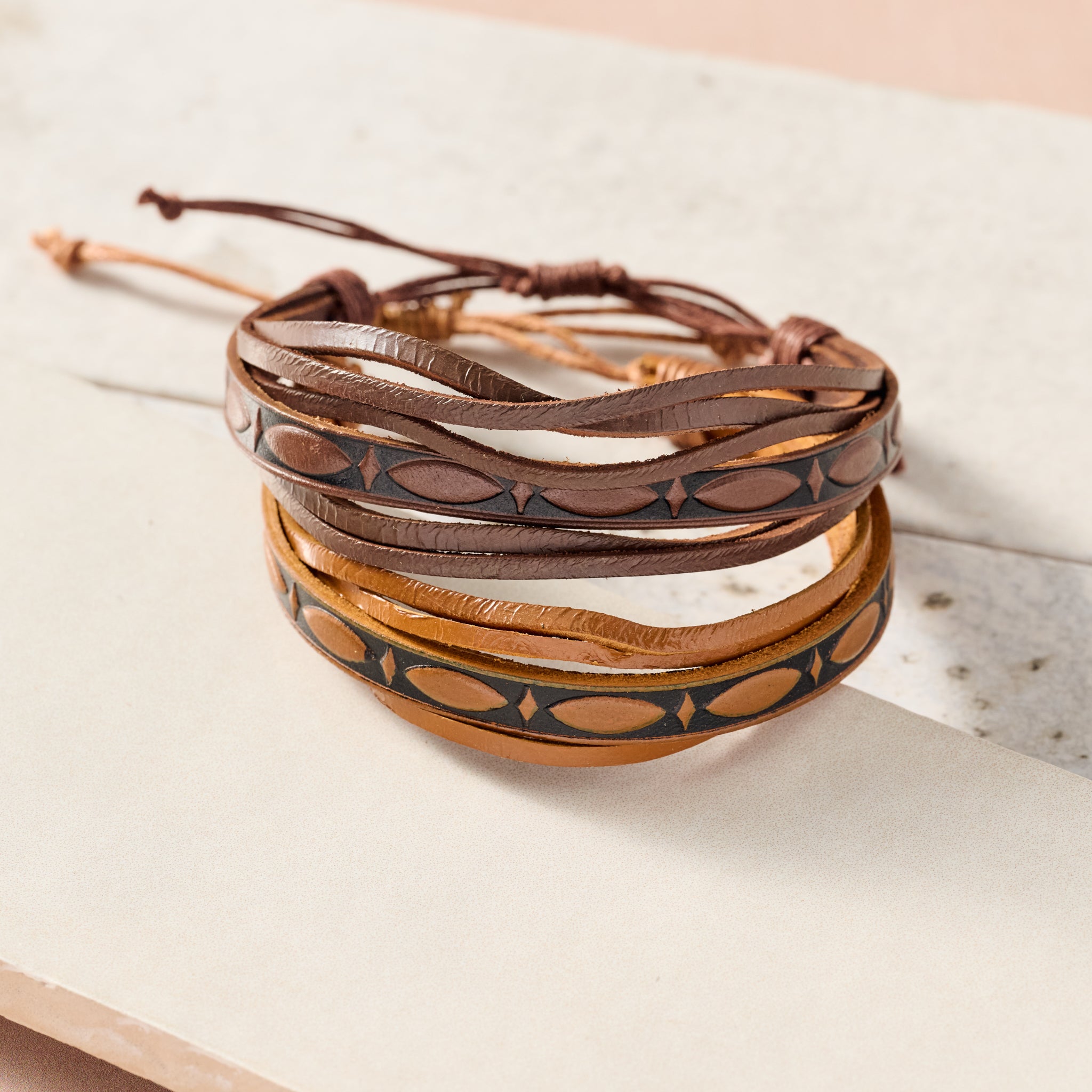 Tikat Embossed Leather Bracelets - Set of Two - Ten Thousand Villages