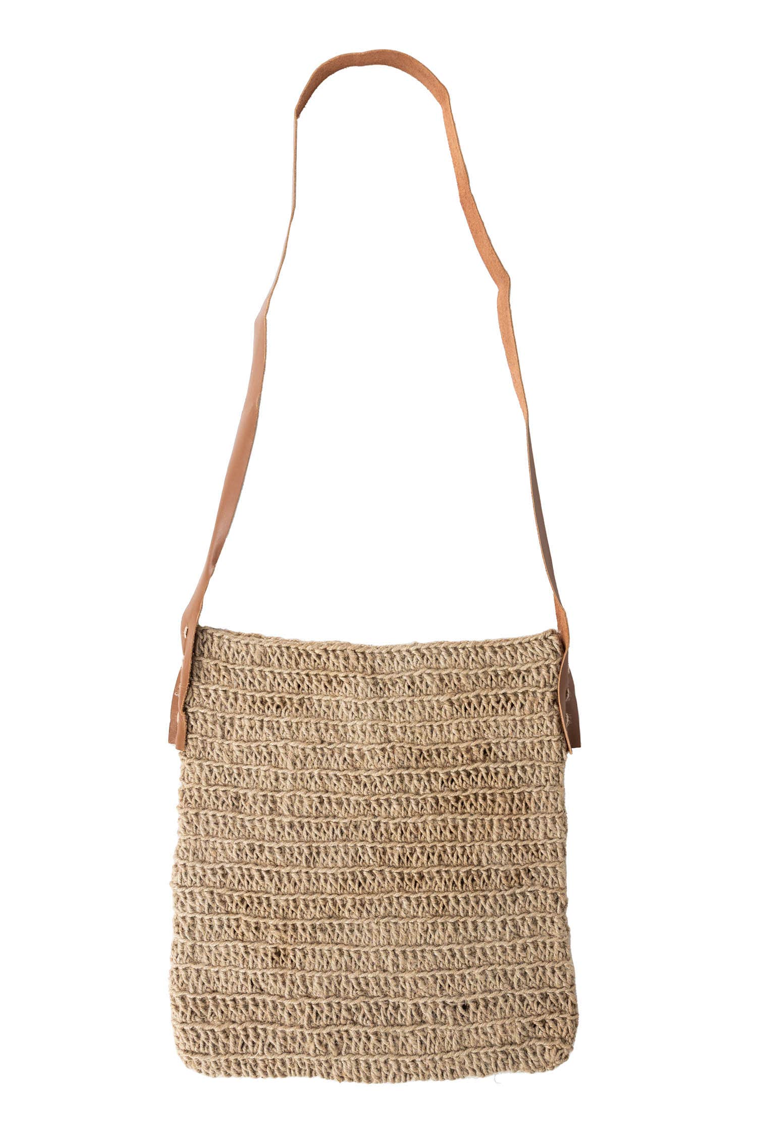 Crochet Jute Shoulder Bag - Leather Strap - Ten Thousand Villages