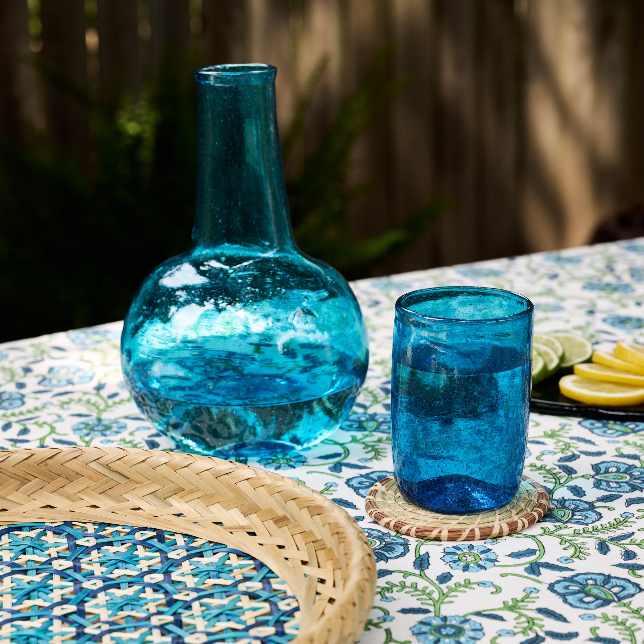 Bahr Blue Handblown Glass Carafe and Cup Set
