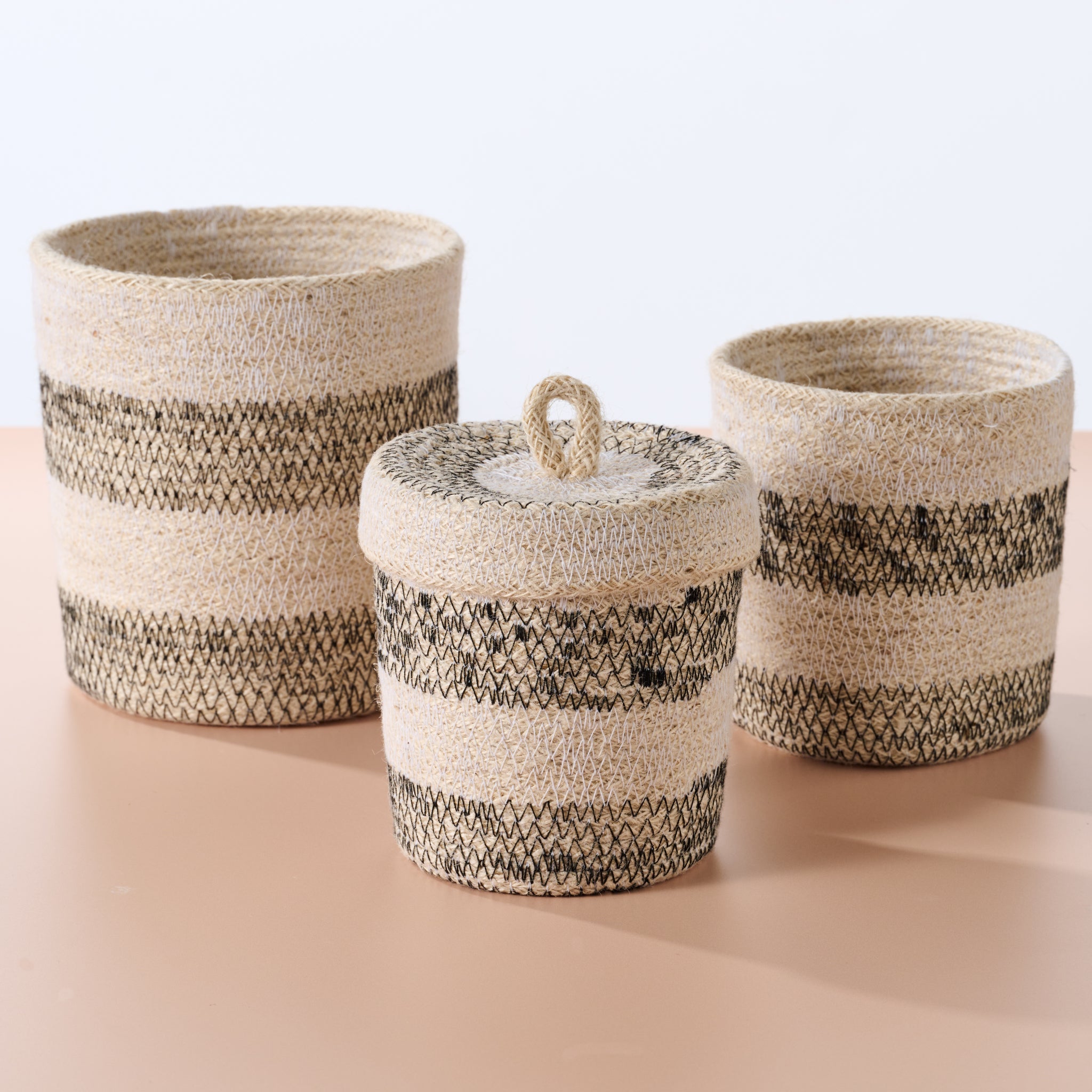 Dorakata Stitched Jute Basket with Lid