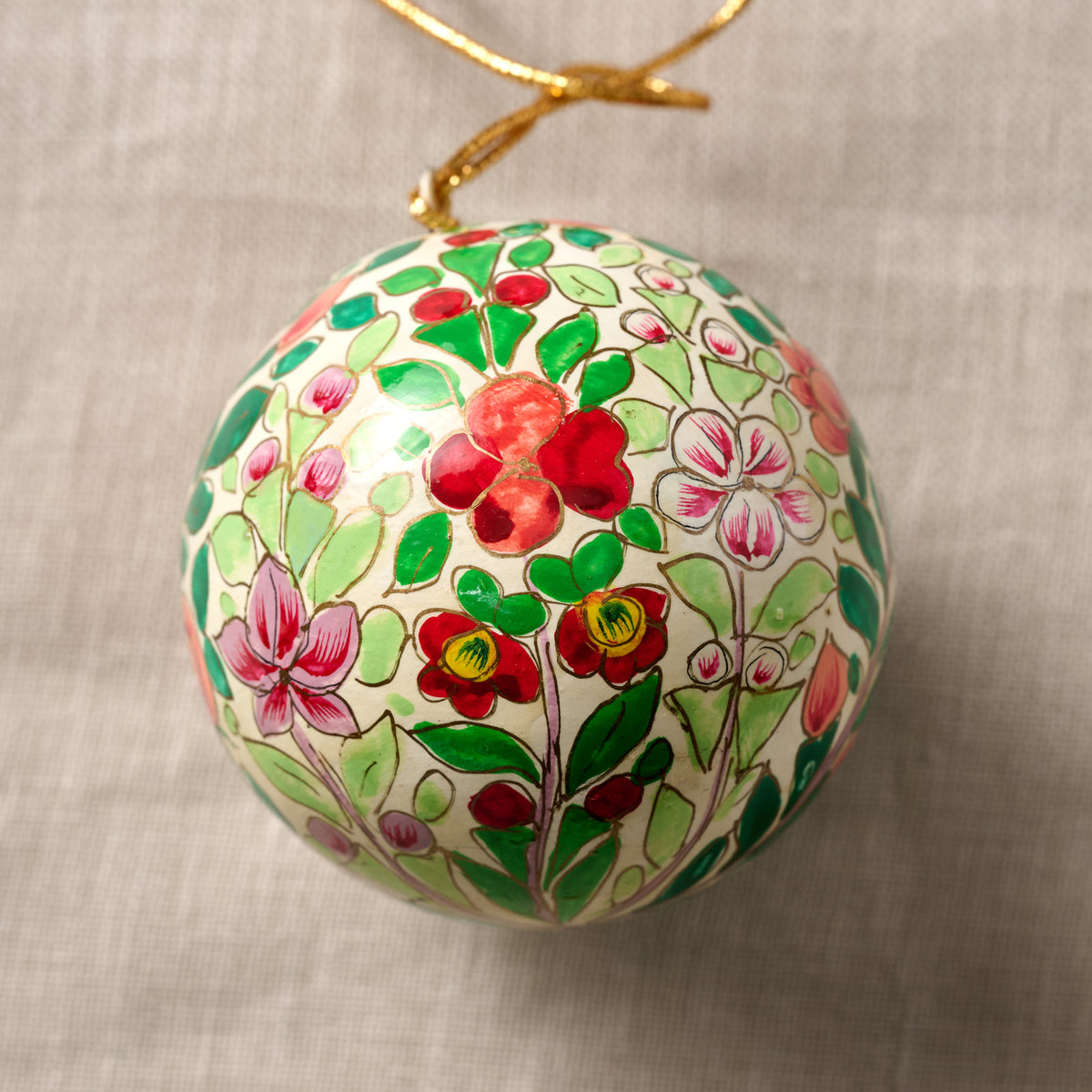 Ameer Paper Mache Ball Ornament - Floral on White