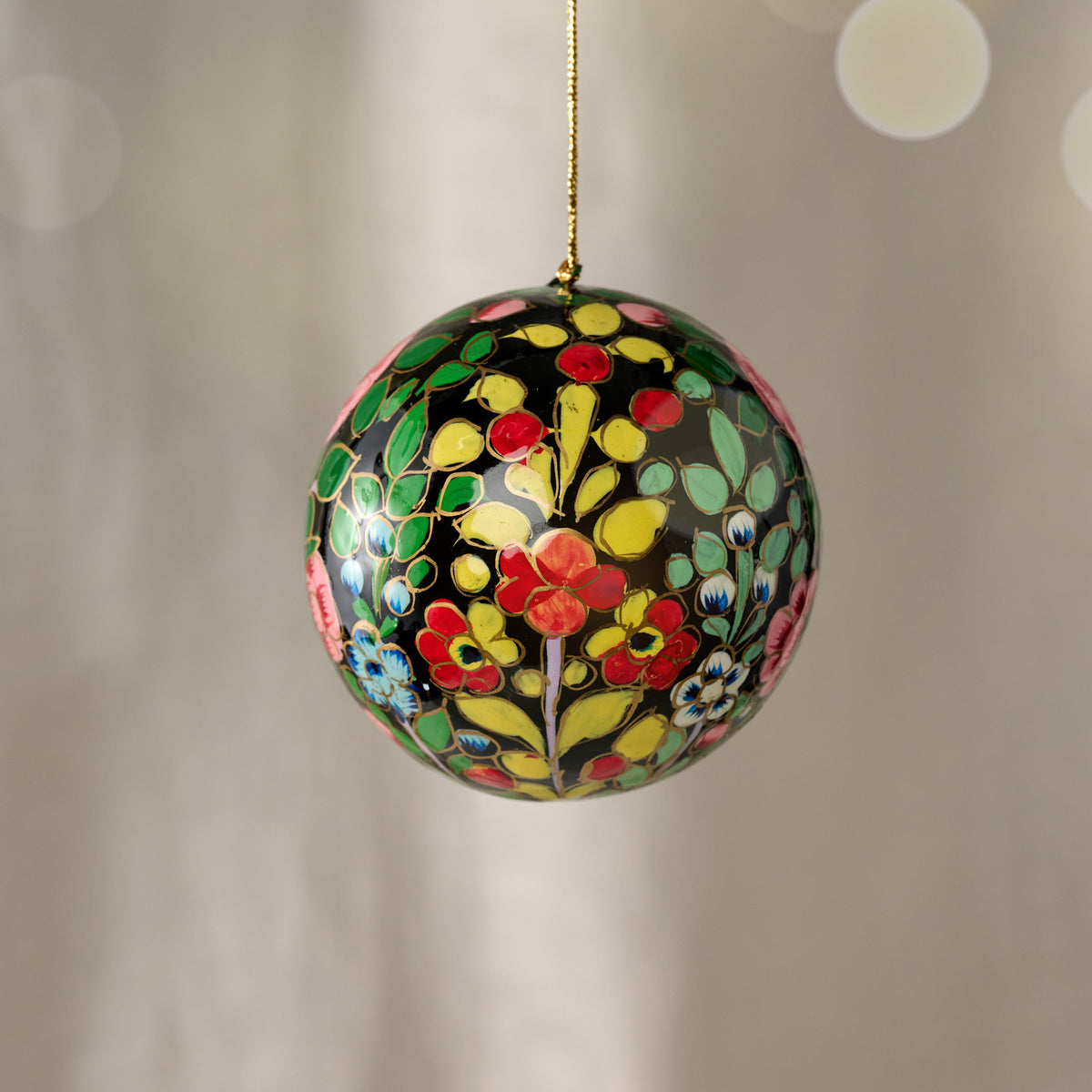 Ameer Paper Mache Ball Ornament - Floral on Dark