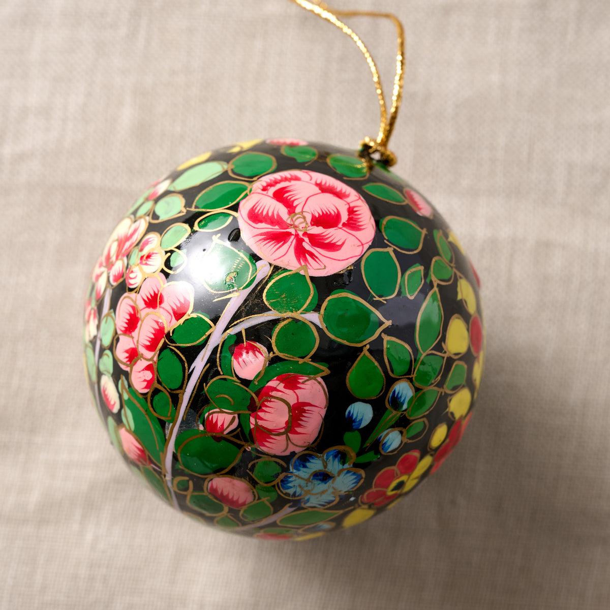 Ameer Paper Mache Ball Ornament - Floral on Dark