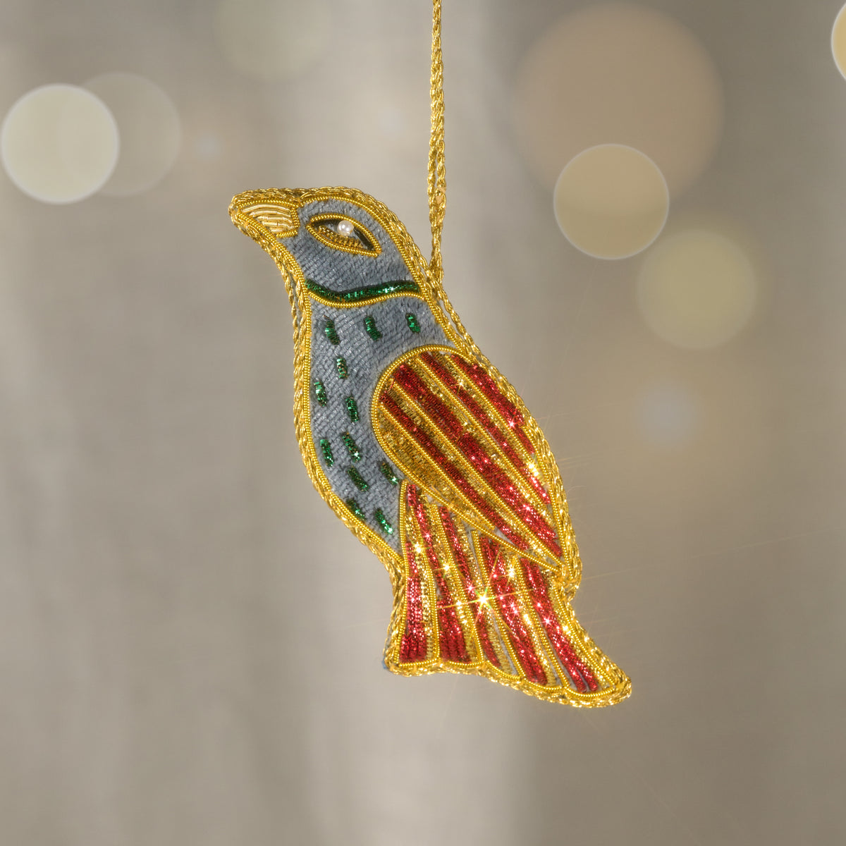 Kalyani Flocked Bird Ornament - Striped Wing