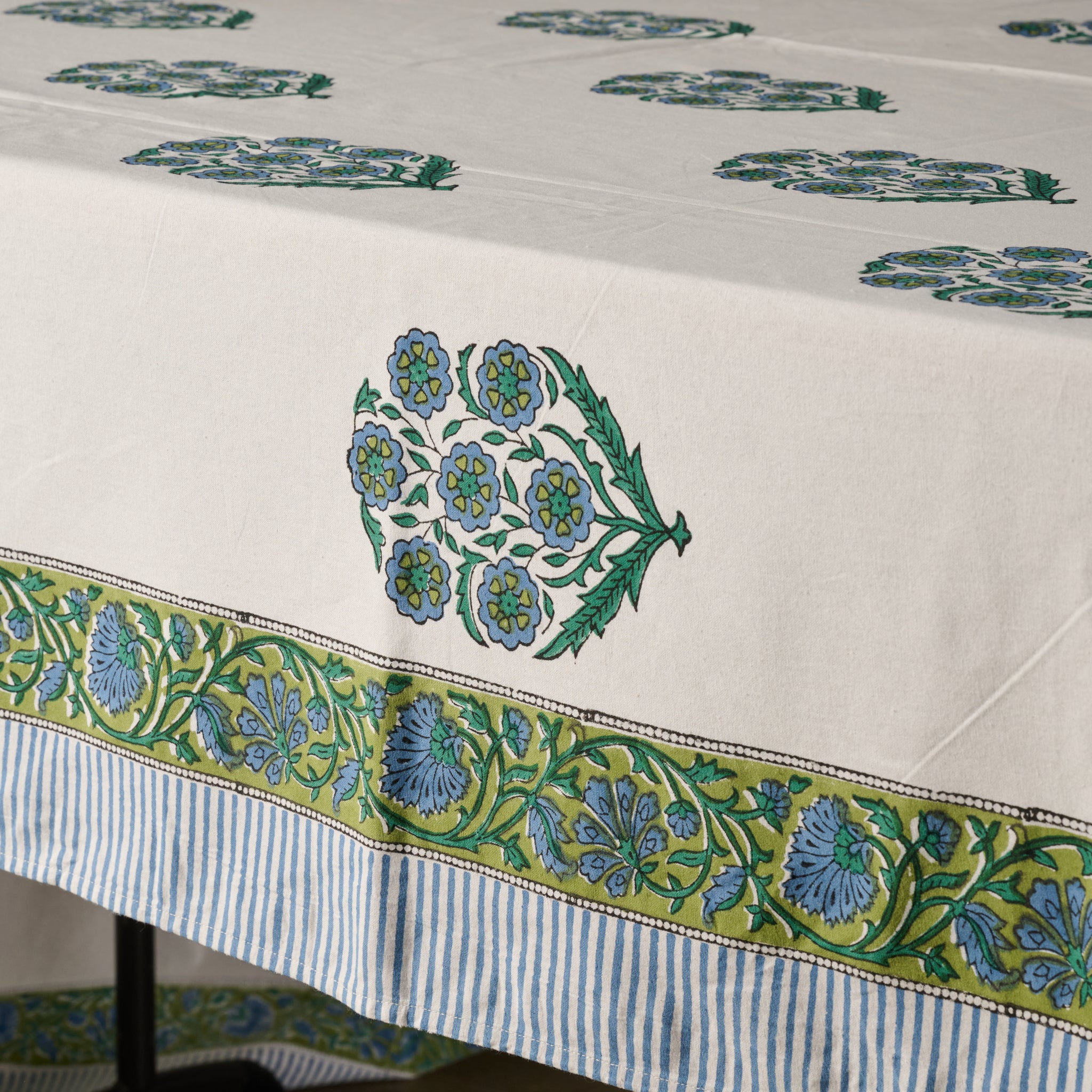 Devika Floral + Stripe Block Print Tablecloth - Ten Thousand Villages