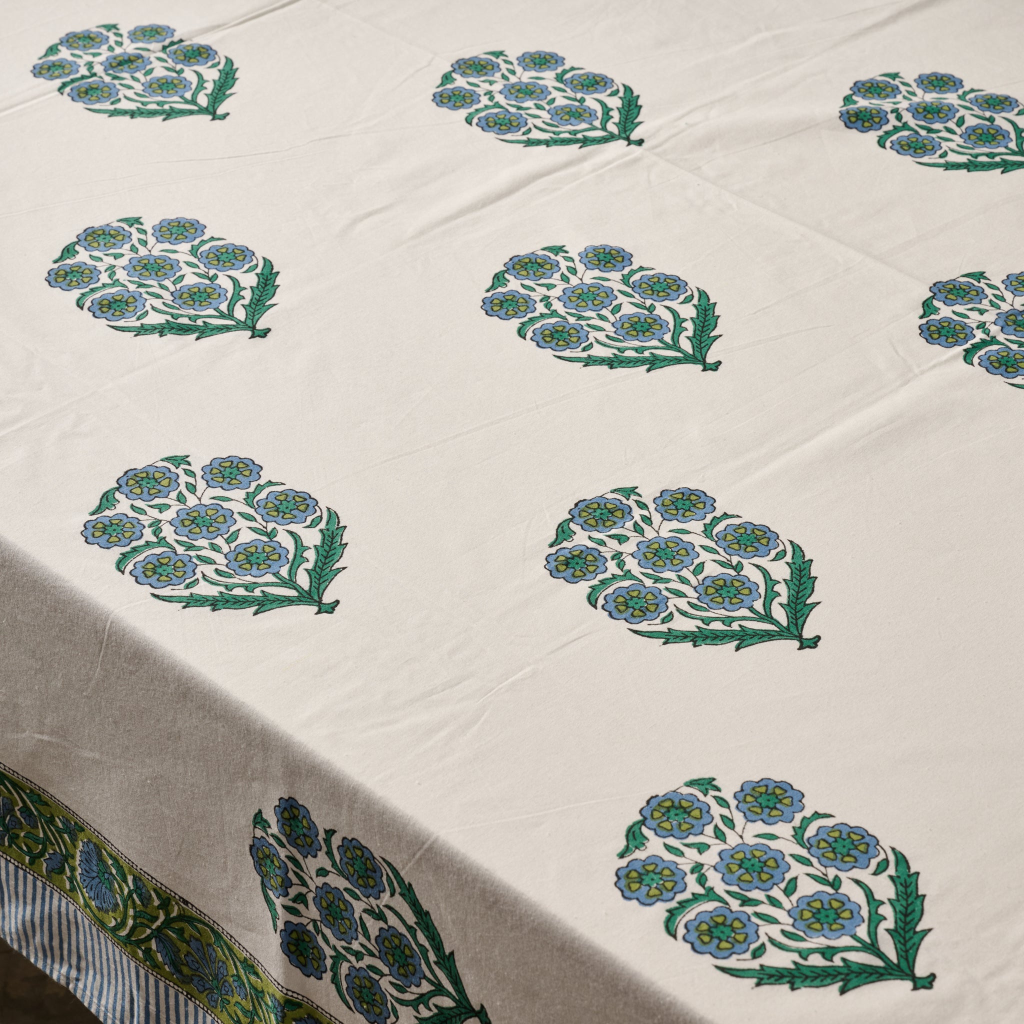 Devika Floral + Stripe Block Print Tablecloth - Ten Thousand Villages
