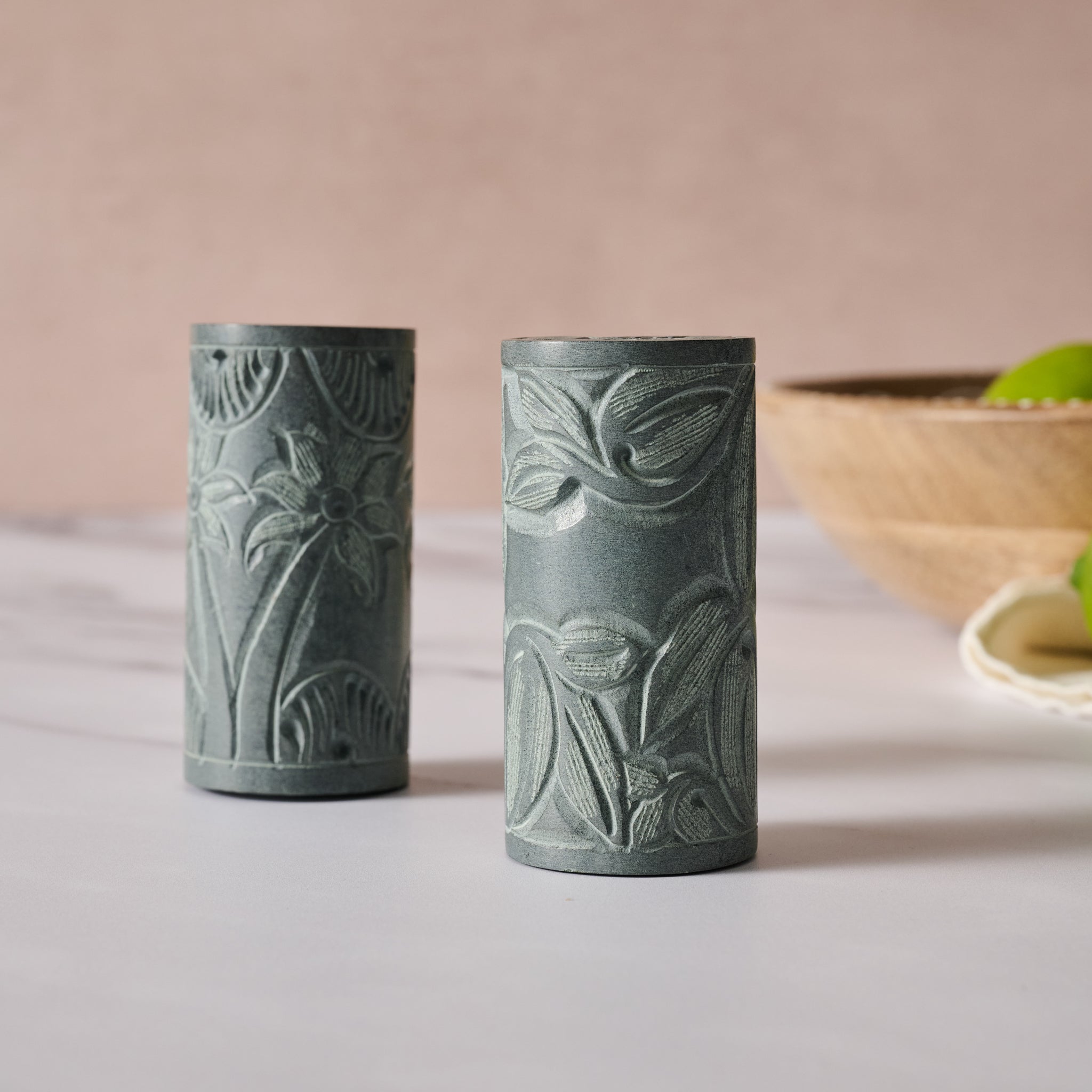 Valli Carved Palewa Stone Salt + Pepper Shakers - Ten Thousand Villages