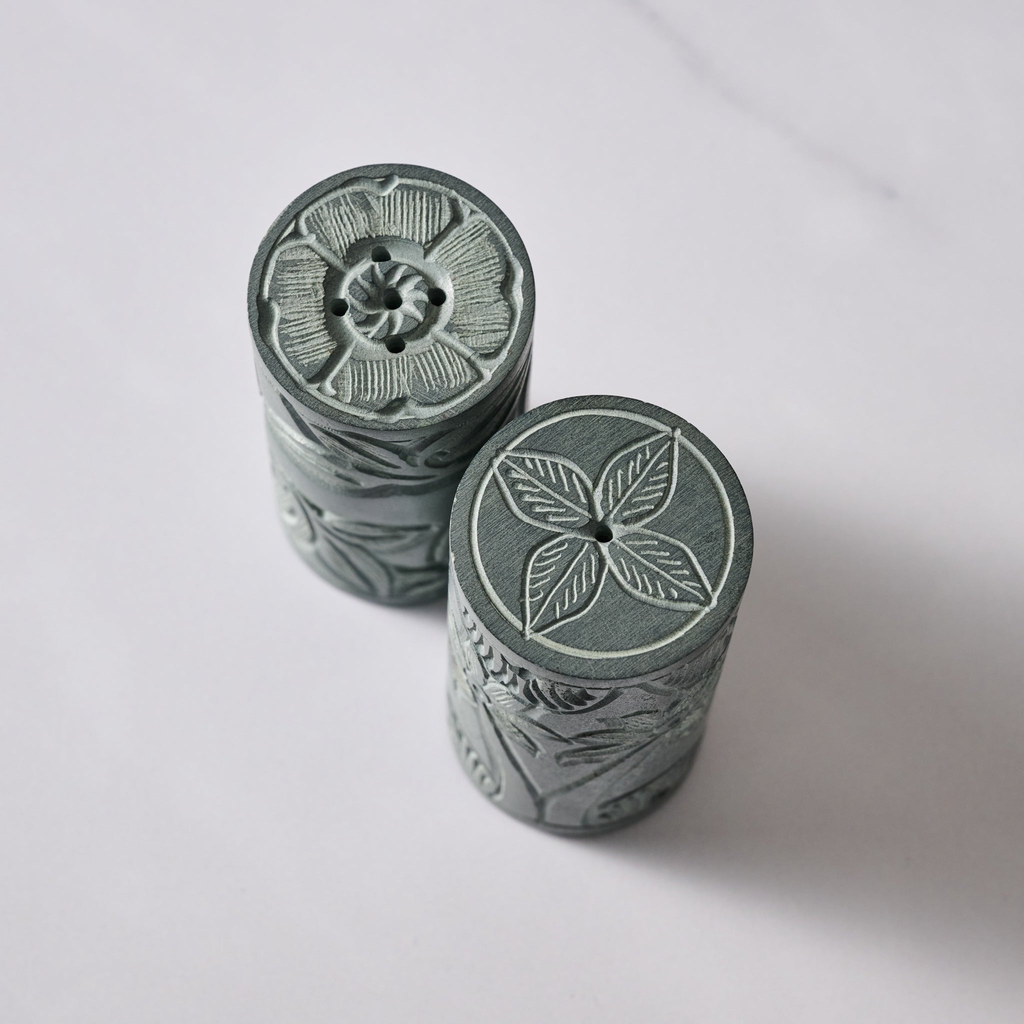 Valli Carved Palewa Stone Salt + Pepper Shakers - Ten Thousand Villages