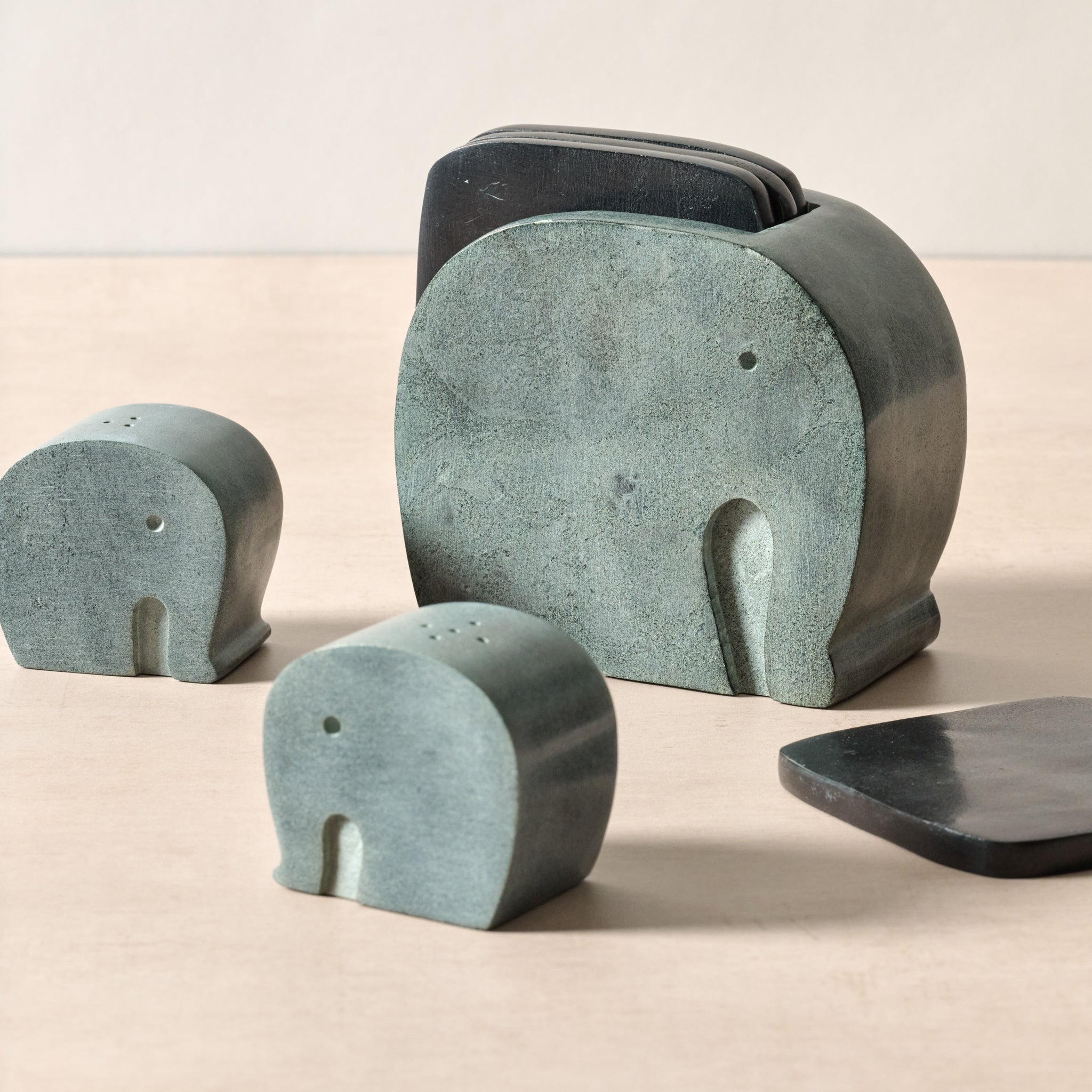 Stone Elephant Holder and Coasters - Set of 4 - Ten Thousand Villages