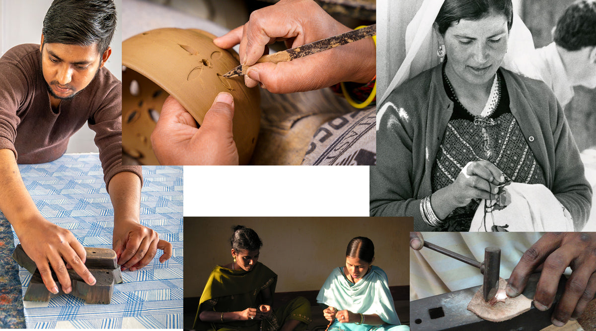 A collage of five photos showing hands and people engaged in artisanal craft activities, including carving, sewing, and woodworking, with one black-and-white portrait and one color photo on a white background.