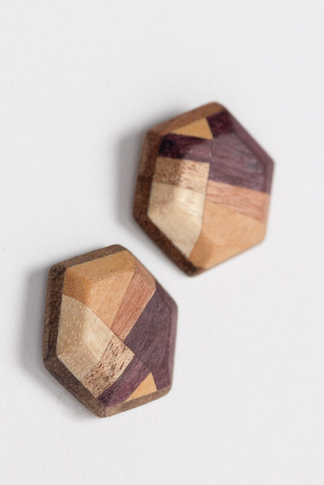 Wood Hexagon Stud Earrings 2